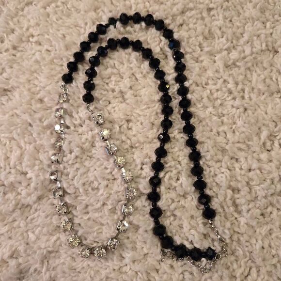 NWOT Long Faceted Jet Beads + Rhinestones Necklace - Picture 2 of 9